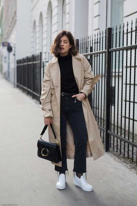 trench + sneakers